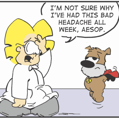 A cartoon depicting a dog experiencing sour grapes and a bad headache.