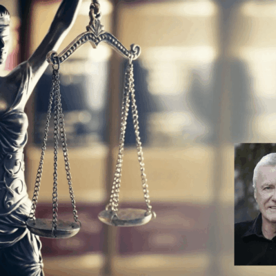 A photo of a statue of a judge with a scale of justice.