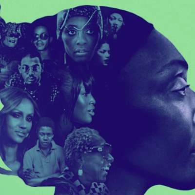 A poster for the RI Black Film Festival featuring a woman's head surrounded by a diverse group of people.