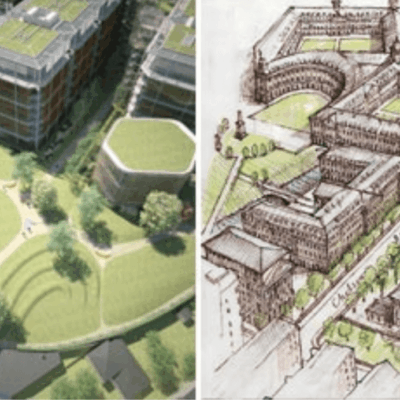 A drawing of a building and a sketch of a tennis court.