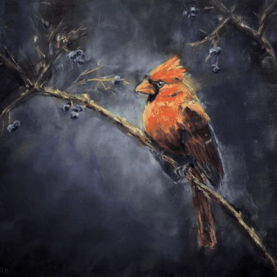 A beautiful painting capturing the essence of nature, featuring a vibrant red cardinal gracefully perched on a branch.