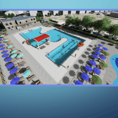 A rendering of a swimming pool with lounge chairs and umbrellas in Cranston.