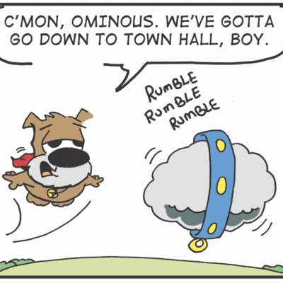 A cartoon of a dog and a cloud.