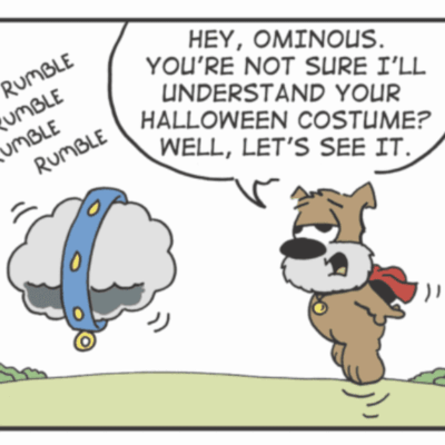 A comics-inspired cartoon of a dog dressed up in a halloween costume.