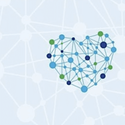 A blue and green heart with a network of dots representing networking.