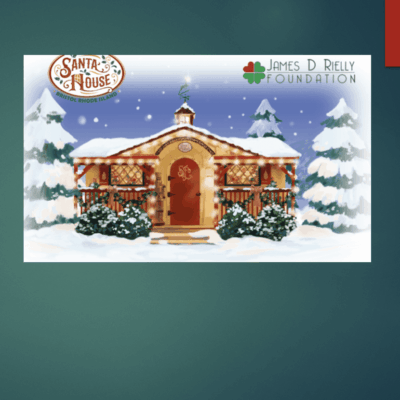 A festive Christmas card featuring Santa's gingerbread house.