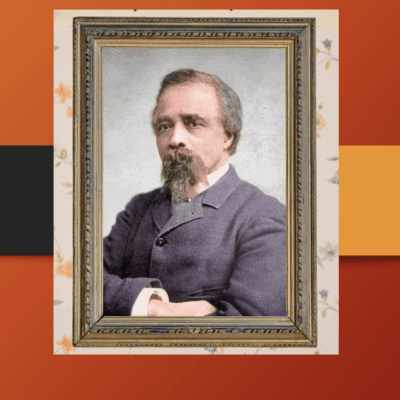 An image of a man with a beard in a frame placed against a bannister.