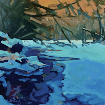 A painting of a river in the snow.