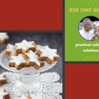 A festive photo of Christmas cookies on a plate, inviting viewers to "ask Chef Walter" for his secret recipes.