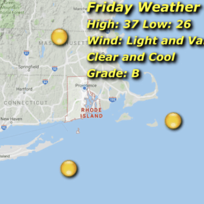 A map showing the weather for Friday in Rhode Island.