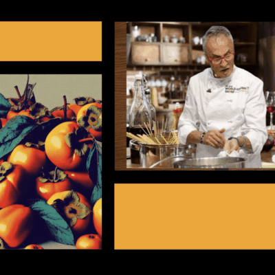 A chef is preparing persimmons in a kitchen.