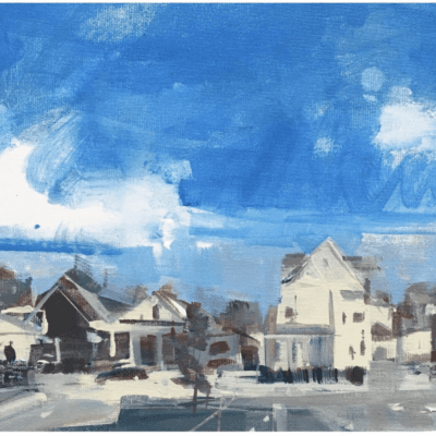 A painting of a street with houses under a blue sky is captivating art!