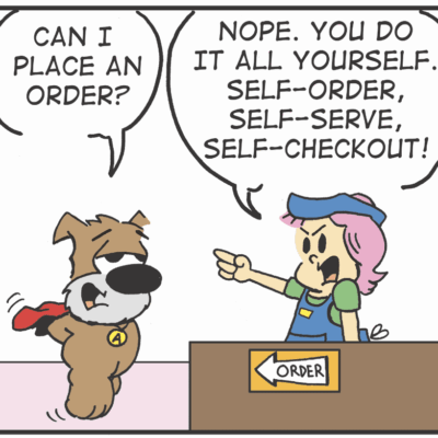 A comic strip about a self-serve comics self-check.