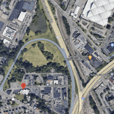 A Google map displaying the location of a park with homeless pallet shelters.