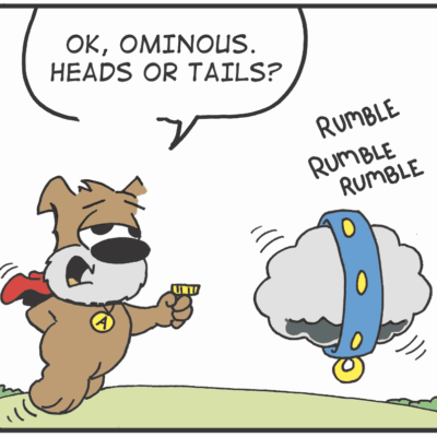 A cartoon of a dog in comics with the words ok omnium heads tails rumble rumble.
