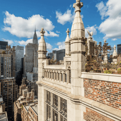 A view of New York City architecture from the top of a building.