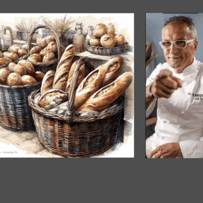 A drawing of Chef Walter Potenza pointing to a basket of bread.