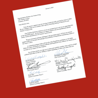 A letter with signatures from the Cranston Mayor on a red background.
