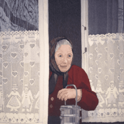 A piece of art depicting an old woman looking out of a window.