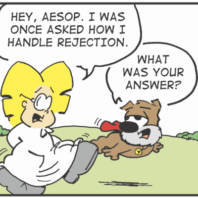 A comic strip about a dog and sour grapes.