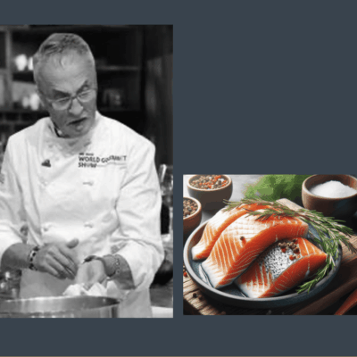 A photo of a chef preparing salmon.