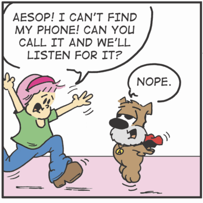 A cartoon of a dog talking on a phone.