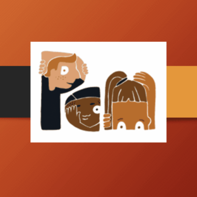 The letter p on an orange background with two people holding hands at the Providence Children's Museum.