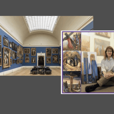A woman sits on the floor in front of Lent paintings in a museum.