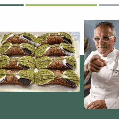A picture of a chef pointing to a plate of pastries.