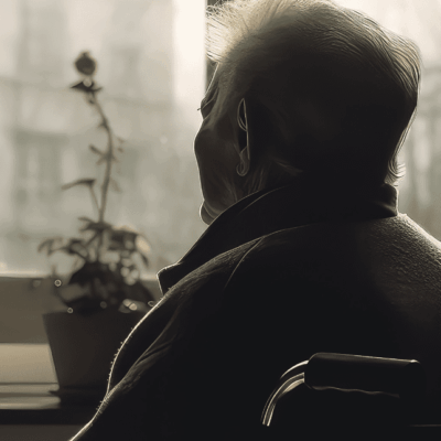 A man with Alzheimer's in a wheelchair looking out a window.