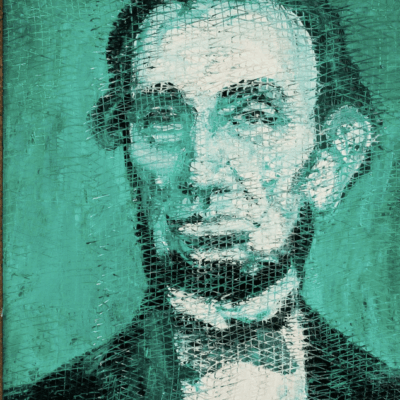 An art portrait of Abraham Lincoln on a green background.
