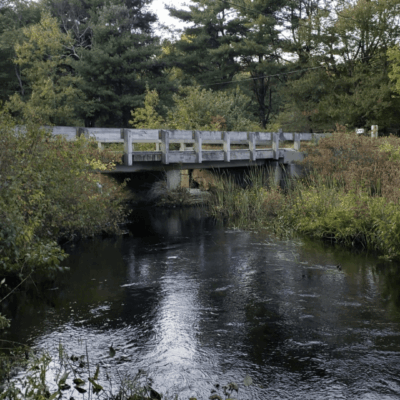 A bridge closure over a river in a wooded area.