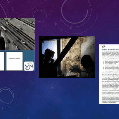 A purple background with a photo of a man and a woman in front of the I-195 Bridge.