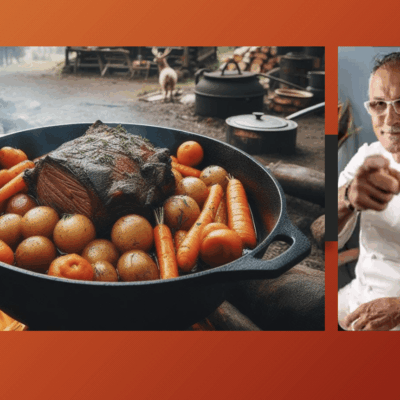 A man in a chef's hat, identified as Chef Walter Potenza, is pointing to a pot of food.