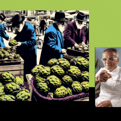 A man in a chef's hat is pointing to a picture of artichokes and asking Chef Walter.