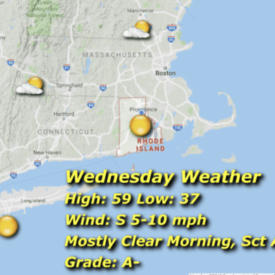 A map showing the weather in Rhode Island.