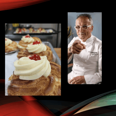 Chef points at delicious cream puffs.