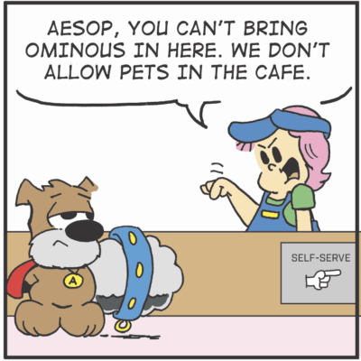 Cartoon: No pets allowed in cafe.