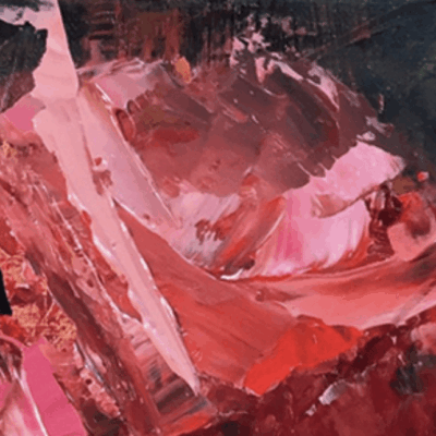 Abstract painting, red and pink hues.