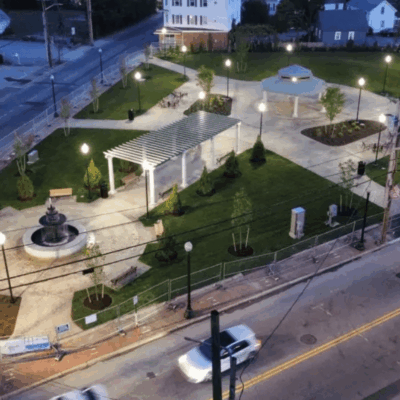 Night view of a newly renovated park.