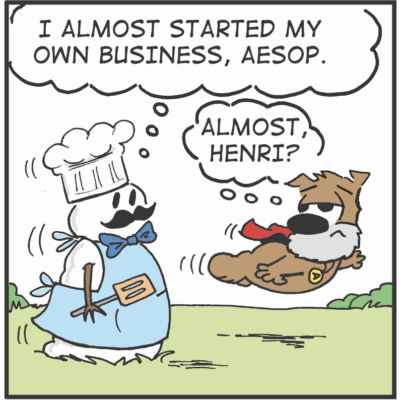 Cartoon of chef and dog; almost business.