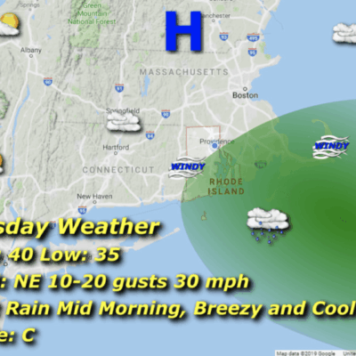 Tuesday weather map: breezy, cool, light rain.