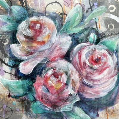 Abstract painting of pink roses.