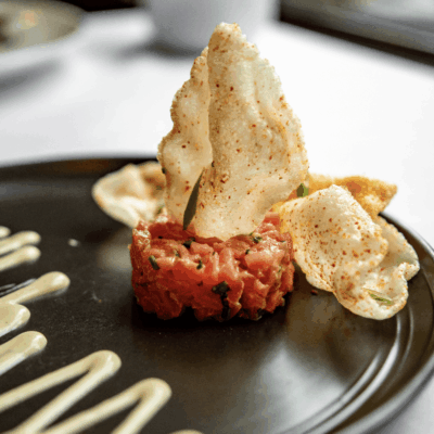 Tuna tartare with crispy wonton chips.