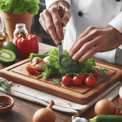 Chef prepping fresh vegetables for cooking.