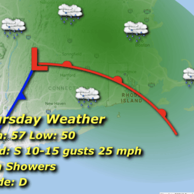 Thursday weather map: rain showers, 50-57F.