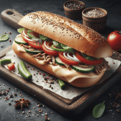 Delicious sub sandwich on wooden board.