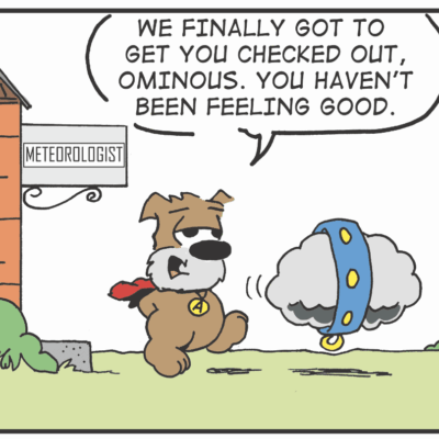 Dog superhero at the meteorologist's.