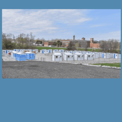 Temporary housing units near factory.