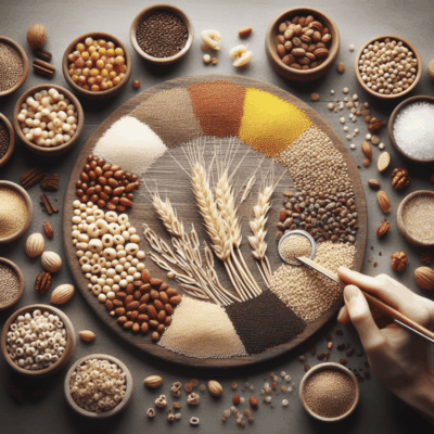 Assortment of grains and seeds on a wooden board.